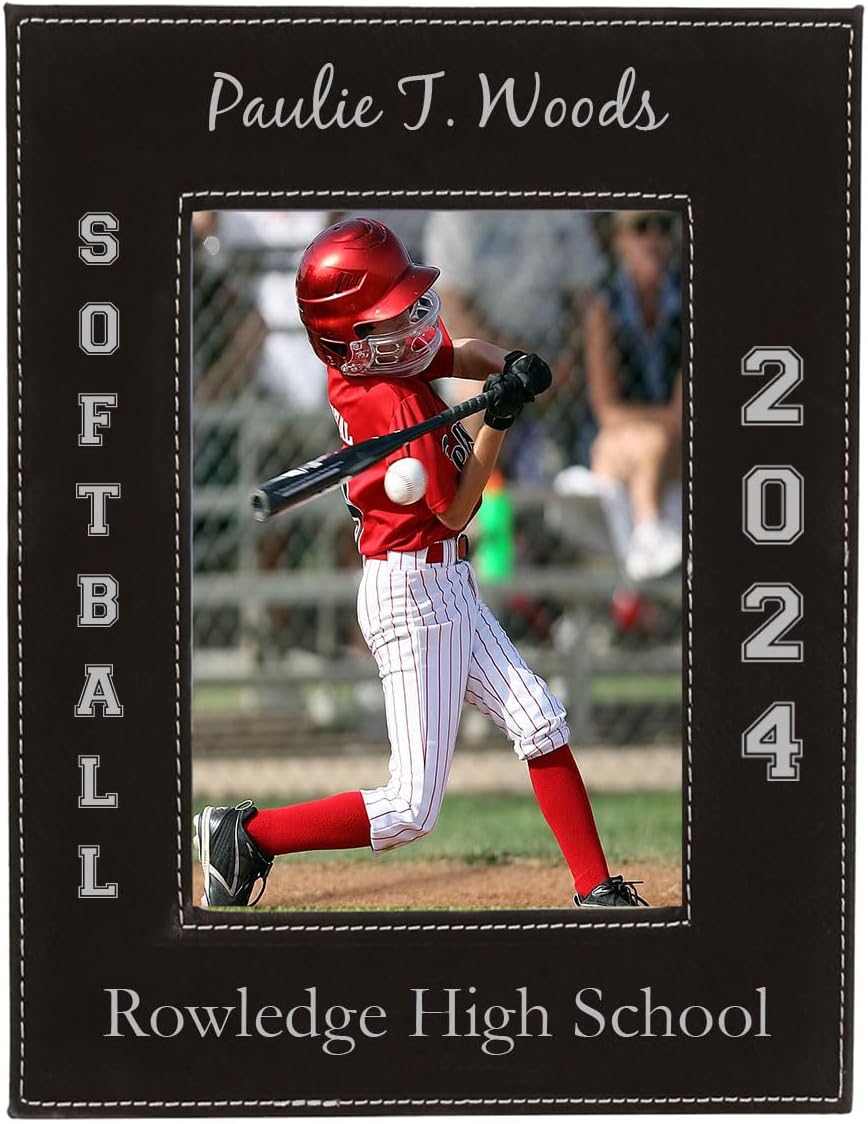 Softball - Faux Leather Black Leatherette Personalized Group Picture Family 8x10 Custom Portrait Vertical Son/Daughter Photo Customized Sports Graduation Frame