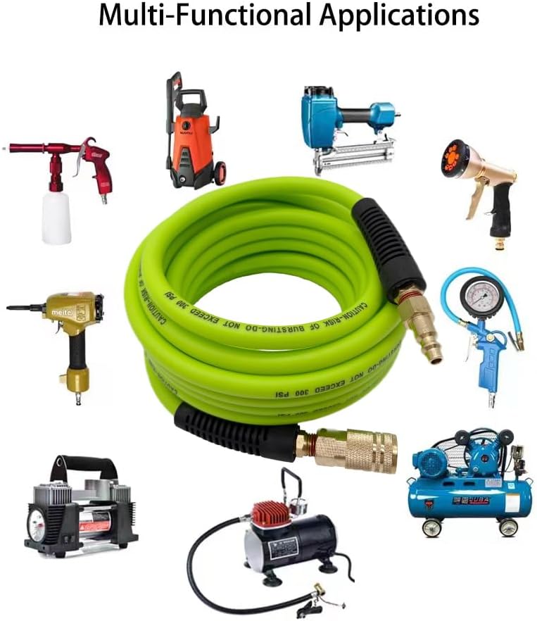 Hybrid Air Hose 1/4-Inch x 25F,Air Compressor Hose 300 PSI Heavy Duty,Lightweight,Kink Resistant,All-Weather Flexibility with 1/4-Inch Industrial Air Fittings and Bend Restrictors,Green