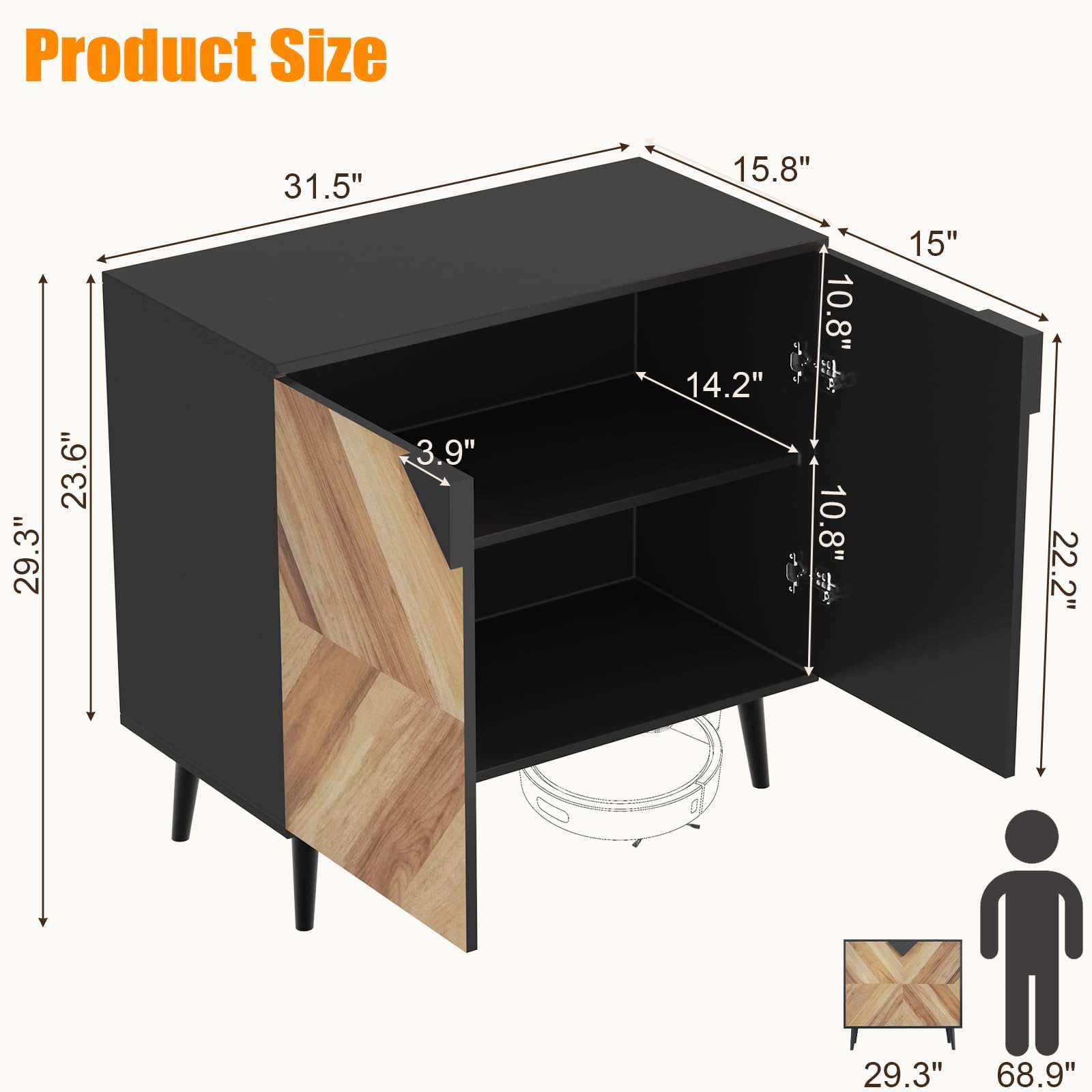 Sideboard Buffet Kommode Mit Türen & Regal – Aufbewahrungsschrank Für Esszimmer, Wohnzimmer, Flur – 80x40x74.4cm, Schwarz Holz