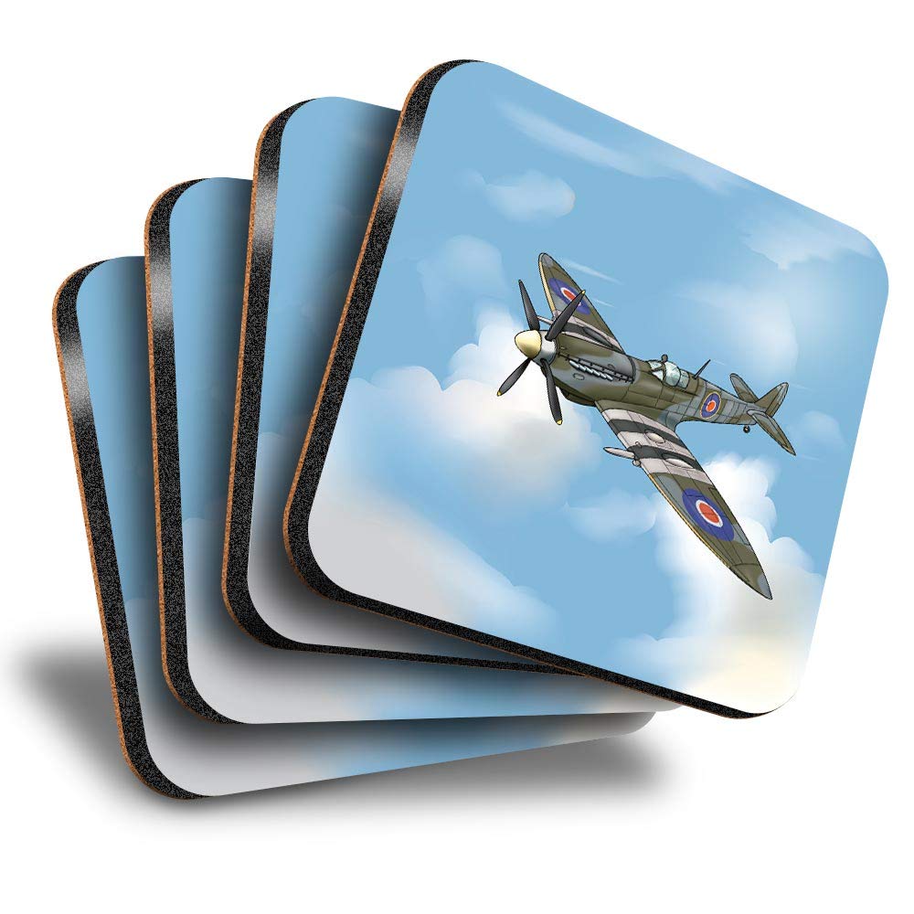 Destination Vinyl ltd Great Coasters (Set of 4) Square - Spitfire World War Fighter Plane Drink Glossy Coasters/Tabletop Protection for Any Table Type #46328