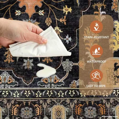 Image of 5x7 Area Rugs for Living Room - Machine Washable 100+ Washes Resistant Non-Slip 1-Second Instant Grip Vintage Boho Home Decor Compatibility Soft Thin Indoor Floor Carpet for Bedroom Dining Room