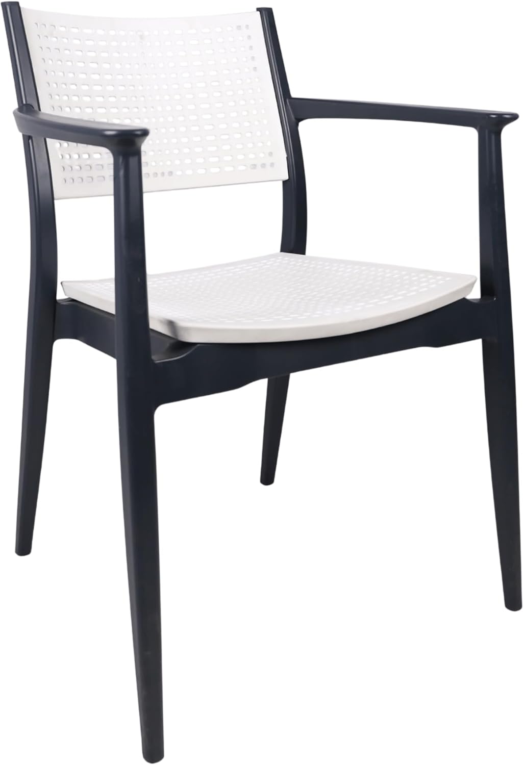 Modern Navy Frame Armchair with White Perforated Seat and Back – Lightweight Stackable Resin Dining Chair for Home, Patio, Café or Restaurant