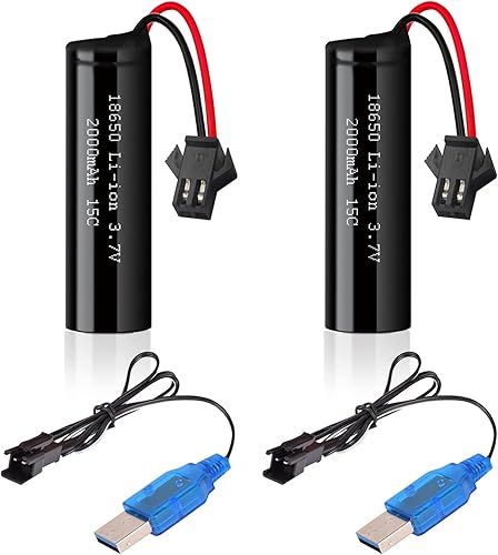 Batería de iones de litio de 3.7 V 2000 mAh, paquete de 2 con 2 cargadores USB, enchufe SM-2P, batería recargable 15C RC compatible con autos de