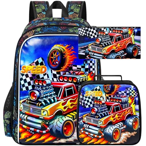Image of HPJGD 3PCS Truck Kids Backpack for Boys, Water Resistant Elementary Bookbag Set with Lunch Box, Cool School Bag for Preschool Toddler - Red Truck