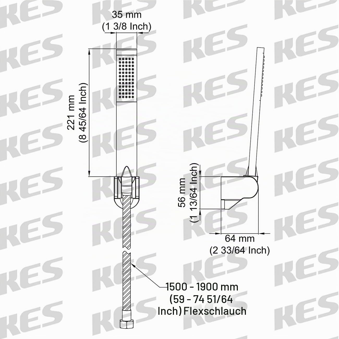 KES Handbrause Duschkopf mit Duschkopfhalterung Duschschlauch Brausekopf Dusche Duschbrause Duschsystem Messing Brause Ersatz Matt Schwarz, LP135-BK