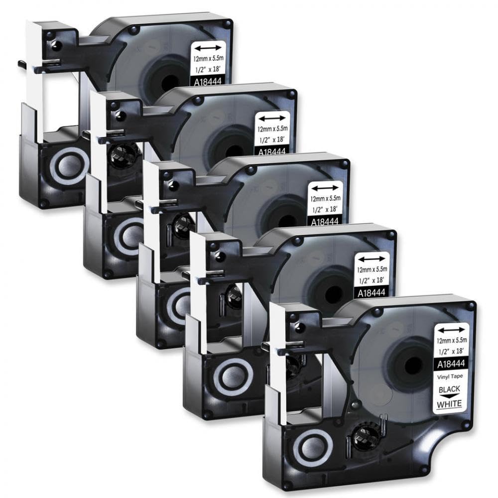 5-Pack 12mm Black on White Label Tape Compatible with 18444 for Use with 5200 and 3M PL300 Label Printers