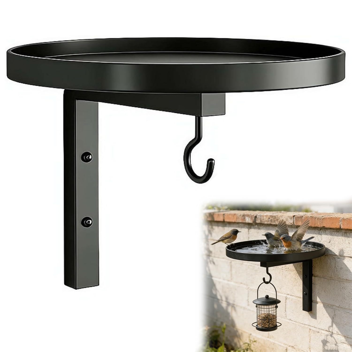 Rustic Metal Bird Feeder with Hook, Metal Bird Bath with Hook for Outdoor Garden, Patio, Balcony Fence, Easy Mount, Black, Weather Resistant