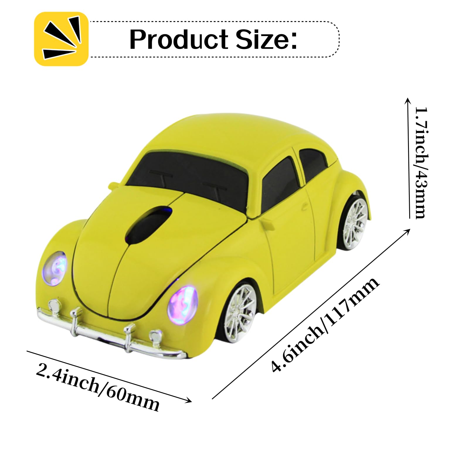 Ratón inalámbrico para coche, 2.4 GHz, con forma de coche, 3D, óptico, para juegos, con mini receptor USB para PC, portátil, computadora, Mac (A-amarillo)