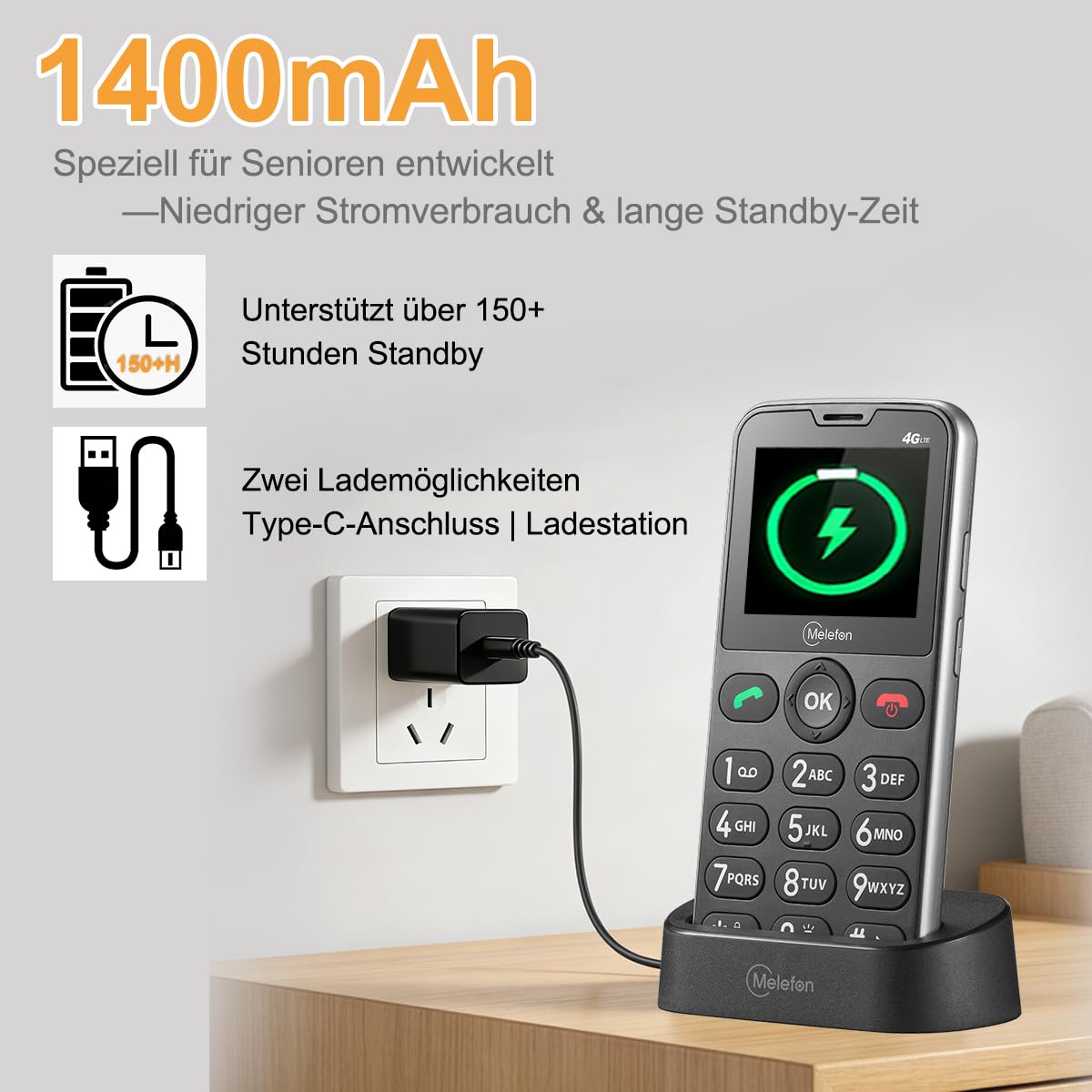 4G Seniorenhandy mit Großen Tasten, Mobiltelefon Ohne Vertrag, 2,2 Zoll Farbdisplay, 1400 mAh Akku Lange Standby-Zeit, USB-C, Ladestation, Rentner Senioren Handy Einfach mit SOS-Taste