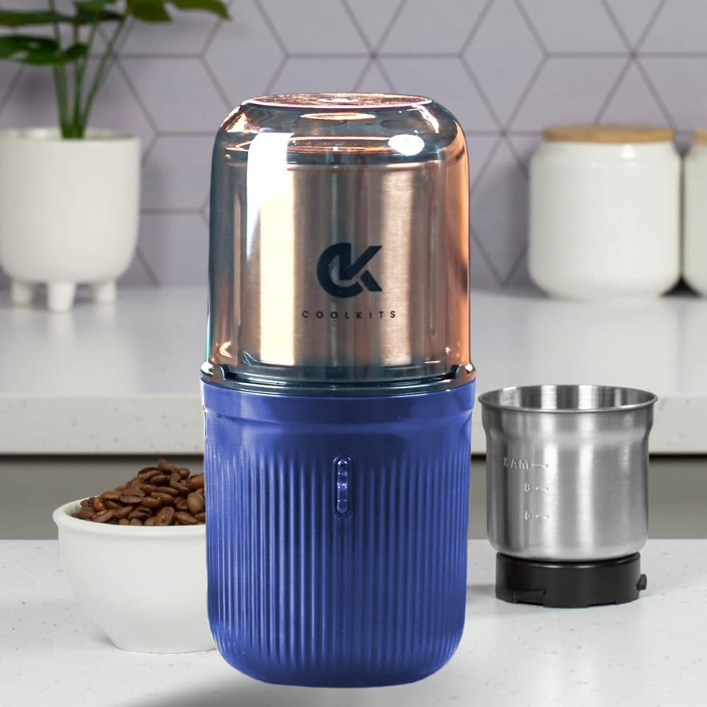Coffee Grinder [ 170g / 5.7 OZ ], Shockproof Herb & Spice Grinder in Blue Color, with 304 Stainless Steel Removable Bowl and Sharp Blades, Espresso, Fast and Reliable. (Blue)