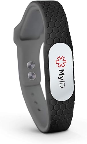 MyID Hive - Pulsera de identificación médica para diabetes, epilepsia, autismo y más, vaina plateada (ML, negro)