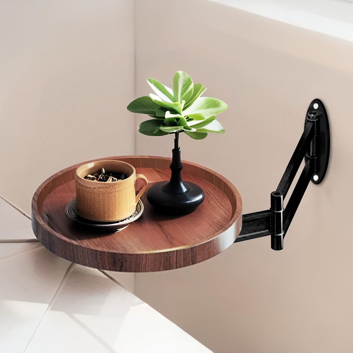 Table de chevet ronde rabattable murale marron de 11,8 pouces pour petit espace