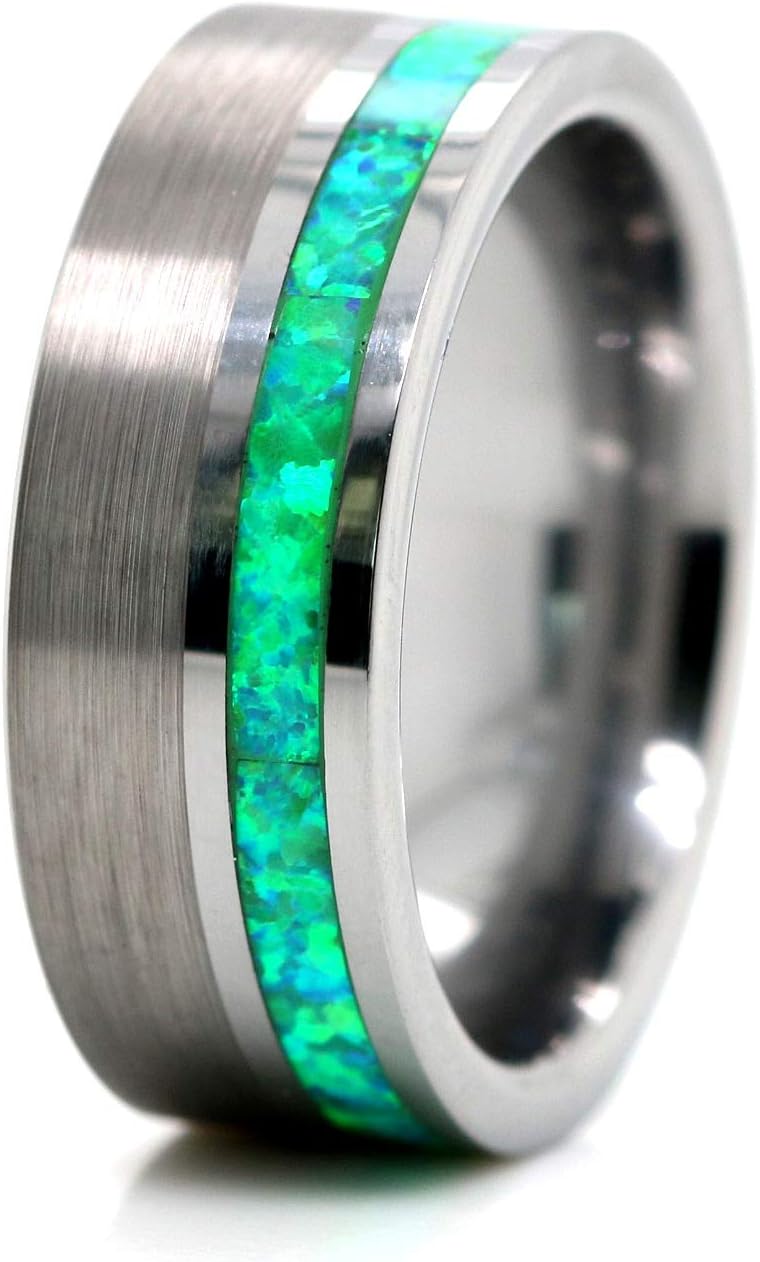 Kingsway Jewelry Green Opal Ring Tungsten Wedding Band