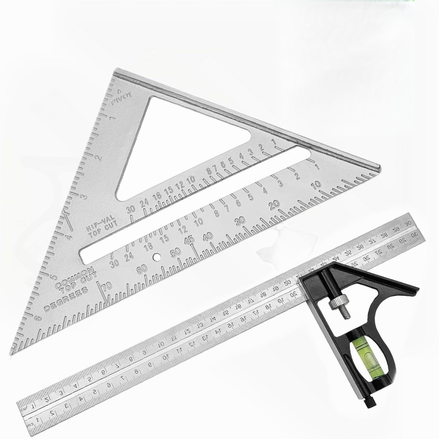 2 Pcs Combination Square Set, 12" Carpenter Combination Square with Bubble Level & Angle Marking, 7" Speed Square for Carpentry & Woodworking Tools