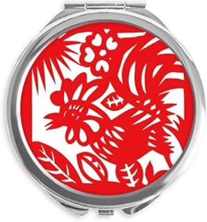 Paper-cut Rooster Animal China Zodiac Hand Compact Mirror Round Portable Pocket Glass