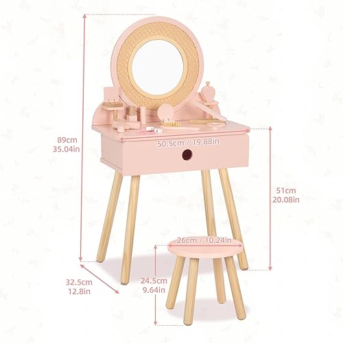 Miniatura 7 de OOOK Juego de mesa y silla para niños, tocador rosa para niñas con 11 accesorios, suficiente para maquillaje real y simulado, tocador para niños de