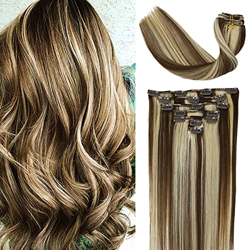 VARIO Hair Remy Clip in Hair Extensions Blonde Balayage 70grams 15" Short Straight Human Hair Extensions Clips in Medium Brown to Bleach Blonde Highlights 7 Pieces(#4/613)