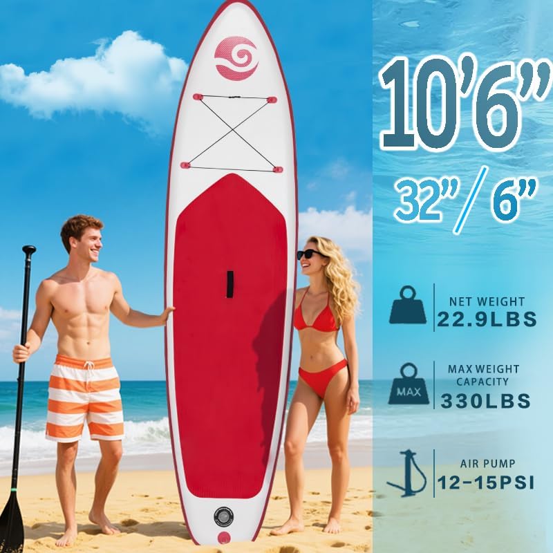 10'6"×32" Wide Inflatable Stand Up Paddle Board Fishing Paddle Board Yoga Board with Durable SUP Accessories & Carry Bag 2 Person Non-Slip Comfort Deck for Youth & Adults
