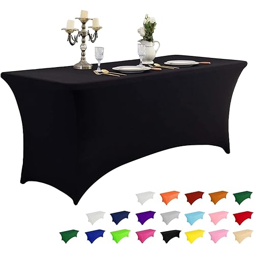 IVAPUPU 6FT Spring Table Cloth for Rectangular Fitted Events Stretch Black Table Covers Washable Cover Spandex Tablecloth Protector for Party, Wedding, Cocktail, Banquet, Festival