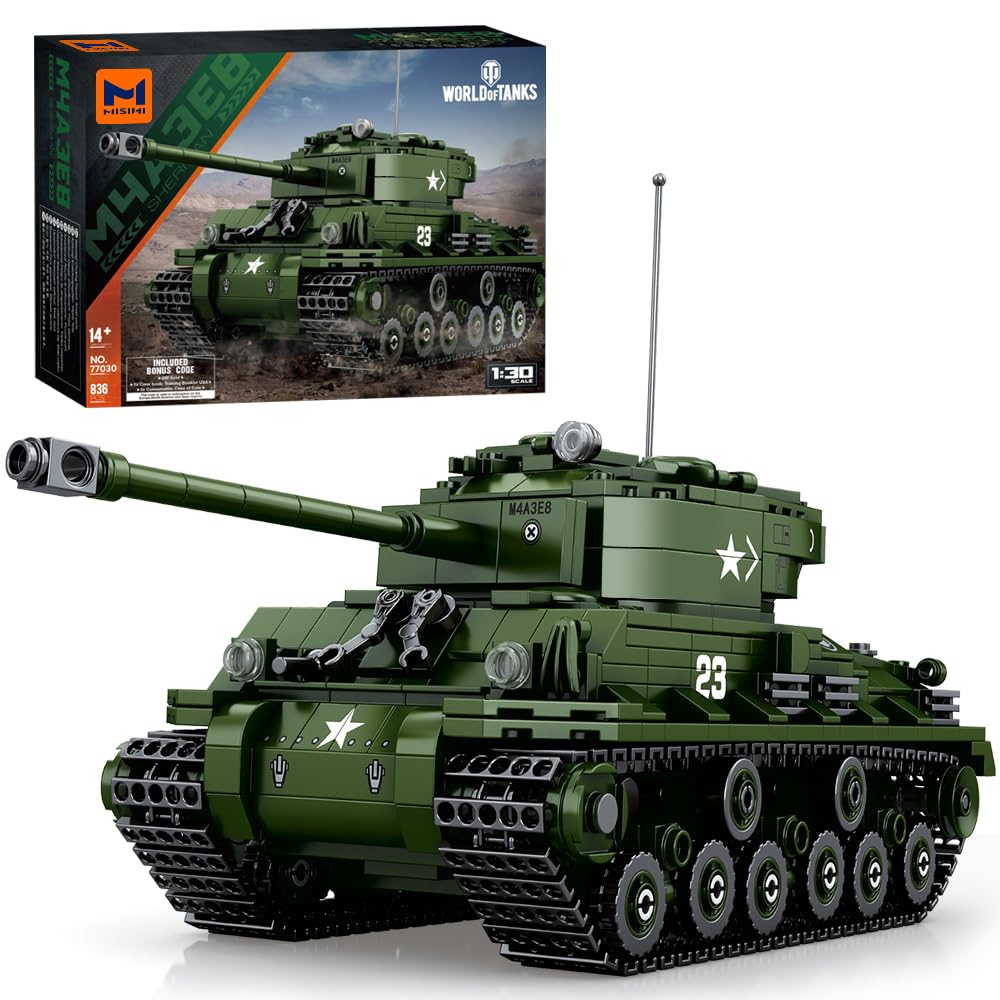 MISINI77030 M4A3E8 Sherman Medium Tank Building Block Kit, 1:30 Scale Adult Model, Green, 836 Pieces, Includes Tank World Game Item Exchange Card, Perfect for Military Enthusiasts, Adults, 14+