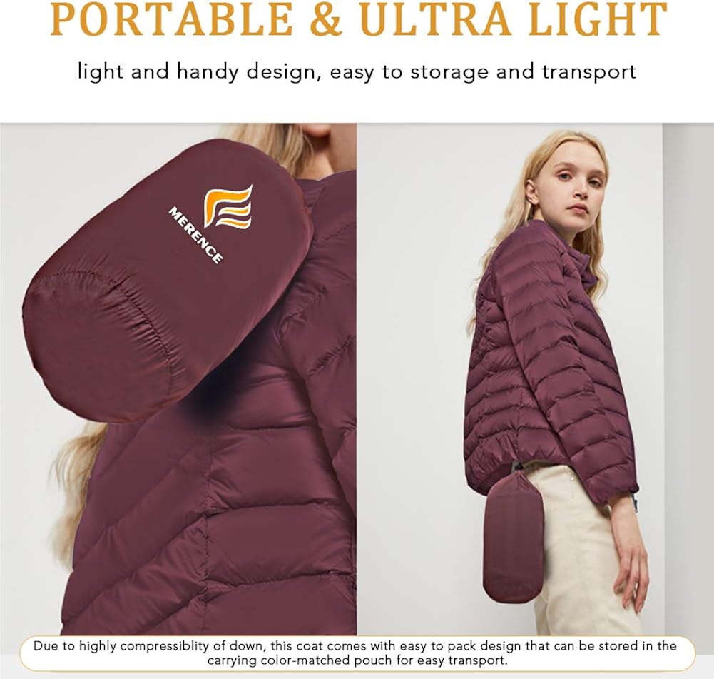 Women's Packable Down Jacket II Puffer Ultra Light Weight Short Hooded Coat with Travel Bag