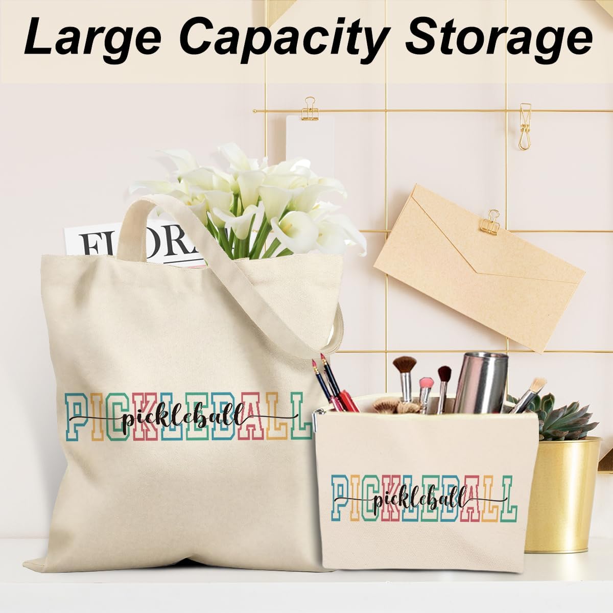 Pickleball Gifts 2PCS Cosmetic Bags Canvas Tote Bag Beach Bag with Pocket Makeup Bags,Pickleball Accessories,Pickle Ball Gifts for Women Sports Lover Friend Bestie Christmas Birthday Friendship - Image 3