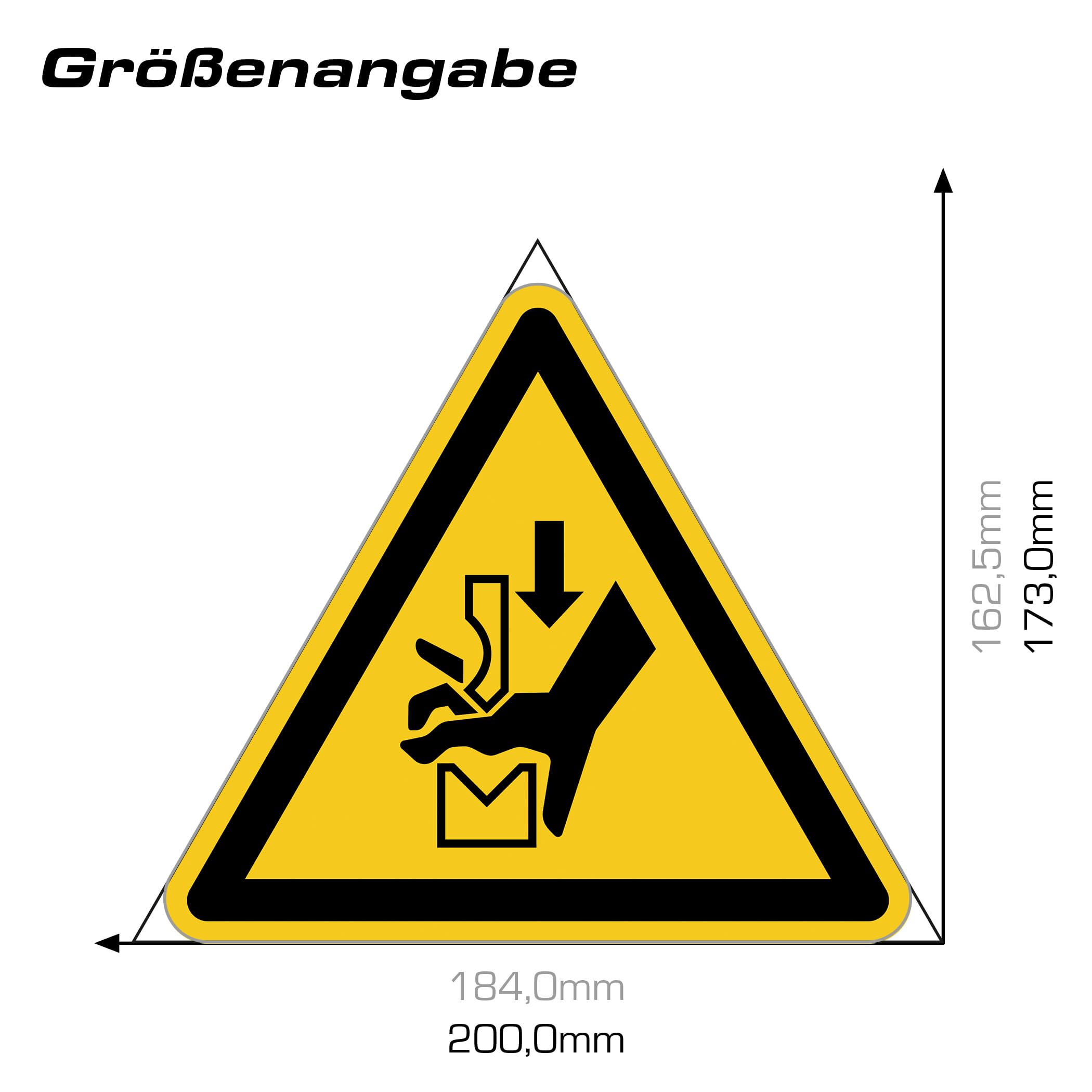 Señal de advertencia de peligro de aplastamiento a mano según DIN EN ISO 7010 ASR A1.3 W030 – Señal de seguridad para maquinaria industria, operación, taller, instalaciones LTI021 (100, 200