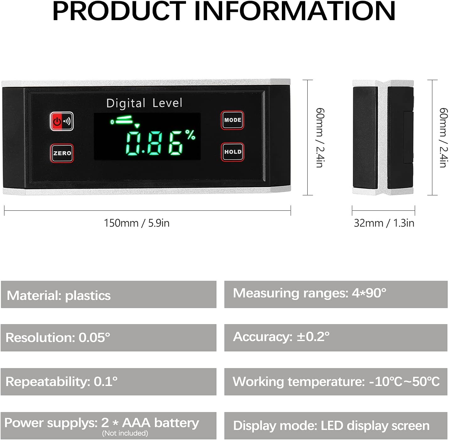 Portable 4*90° IP54 Waterproof Dustproof Level High Precisions Angle Finder Digital Protractor Inclinometer Digital Level LCD Display Absolute Measurement/Relative Measurement Data Hold Function
