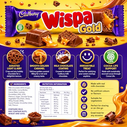 Image of CADBURY - Wispa Gold Chocolate Bar (3 x 48g) By COUGAR | Aerated Milk Chocolate Filled With Smooth Golden Caramel Center | Light Bubbly Sweet Snack Treat For Tea Time - (Imported-UK)