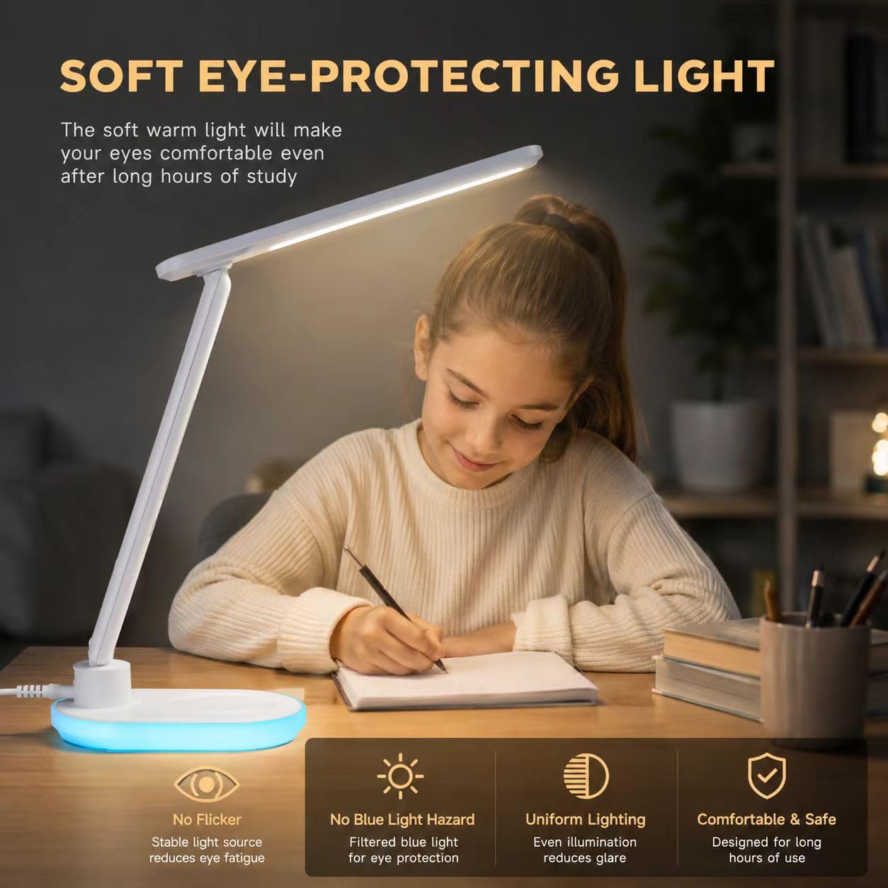 Lampe de Bureau LED 10W Dimmable Tactile avec Chargeur sans Fil, USB, Horloge, Veilleuse Couleur, LCD, Blanc