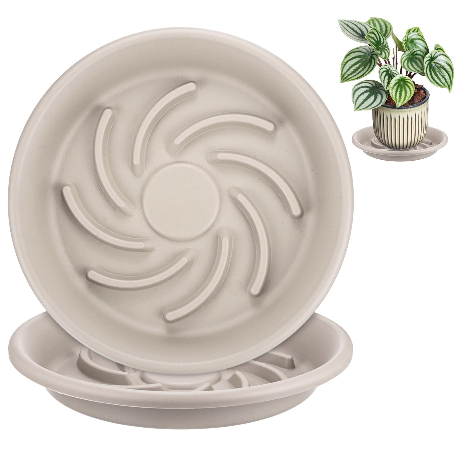 M METERXITY 2-Pack Plant Saucers, 9.4 Inch 24cm ID Anti-Rot Root Resin Flower Pot Plant Saucers for Indoor/Outdoor, Flowerpot Drip Tray [11.8 Inch OD, Gray White]