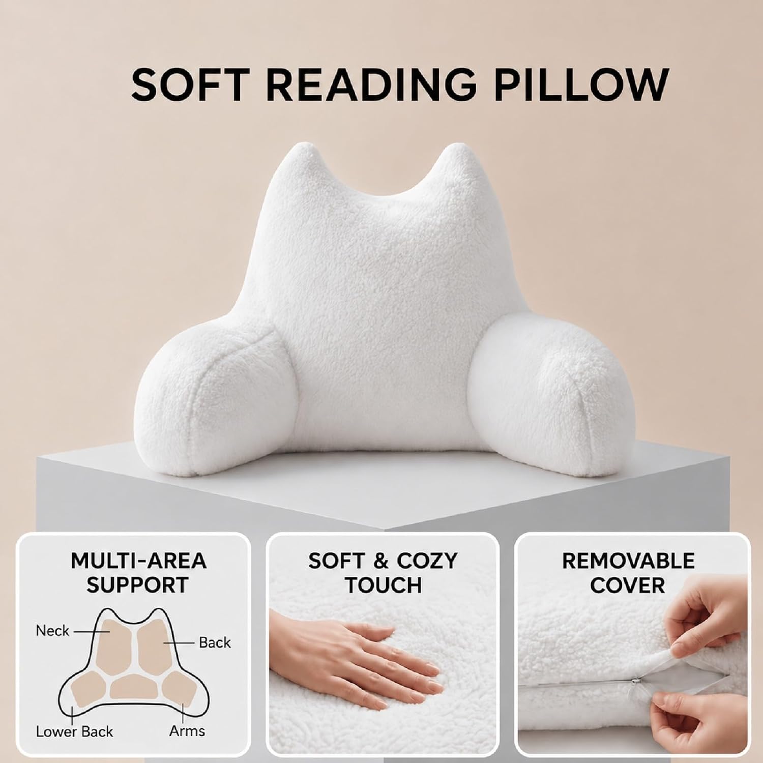 Teddy Fleece Reading Pillow, Ergonomic Bed Backrest with Armrests