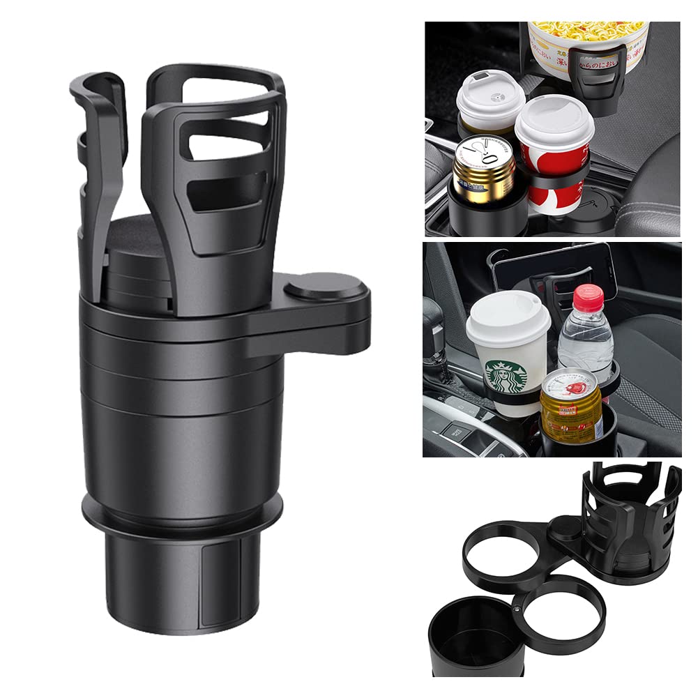 JSCARLIFE Car Cup Holder Expander Adapter with Adjustable Base, 4 in 1 Multifunctional 360° Rotating Car Cup Holder Insert,Car Multi Cup Holder Extender, Suitable for Round Cup Slot Models