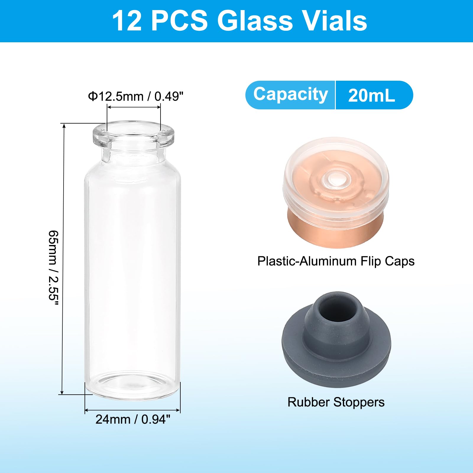 PATIKIL 12pcs 20ml Clear Borosilicate Glass Sample Vials with Aluminum Plastic Cap and Rubber Stopper for Lab Solid Liquid Powder Storage, Gold Tone