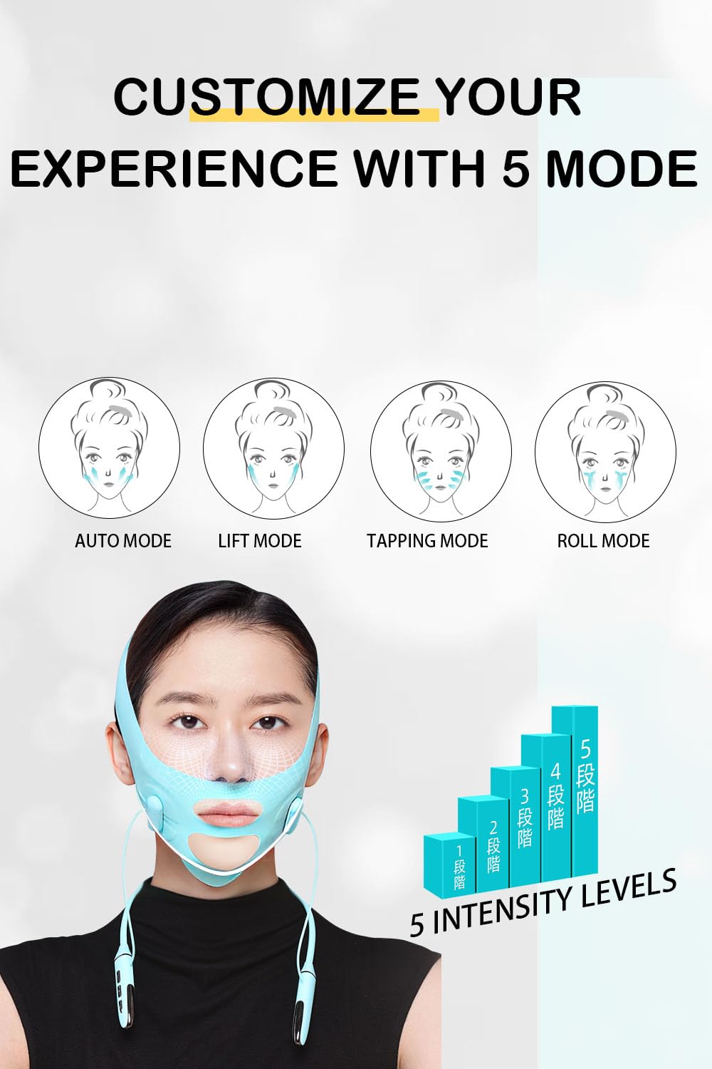 Cinturones faciales con correas ajustables, reductor de barbilla doble y dispositivo de elevación facial con 4 modos y 5 intensidades ajustables de engranajes, máquina inteligente de doble barbilla
