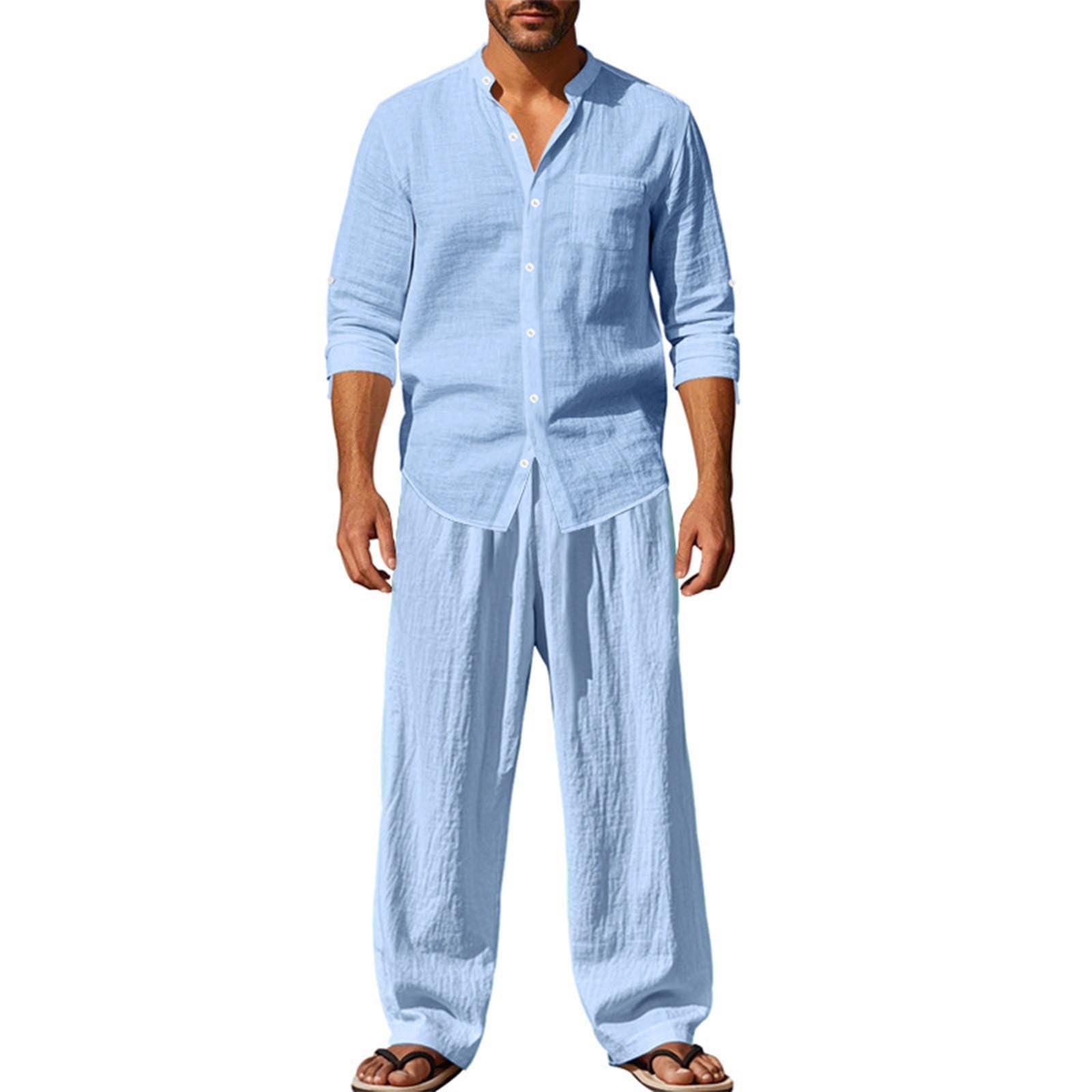 EMATOP Leinen Outfits Herren Sommer Leicht Sportanzug Lässiges Einfarbig Jogginganzug Baumwolle Leinen Tracksuit Casual 2 Teiliges Sommerhemd und Lang Hosen Freizeitanzug Zweiteiler Workout Set