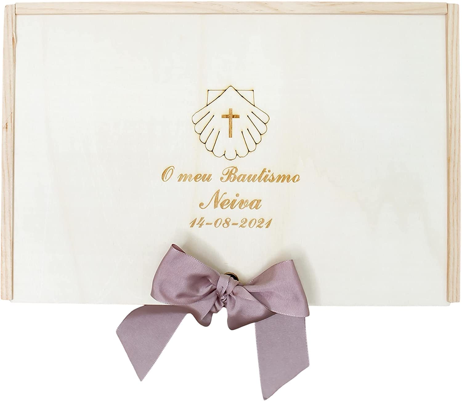 Kit di lusso personalizzato per battesimo - Set de candela, panno e conchiglia ricamati - Scatola di legno lavorata con il nome e la data di battesimo - Modello Paris (Rosa Cipria)