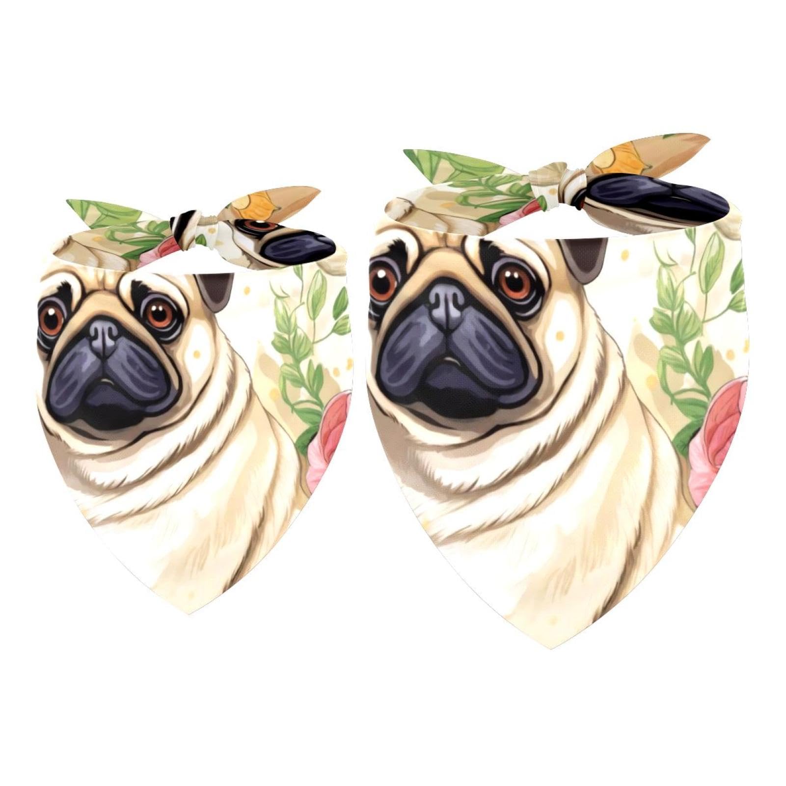2pcs Pack Dog Bandanas Pug and Floral Triangle Scarf for Small Medium Large Dogs and Cats Pet Kerchief Triangle Scarfs Bibs