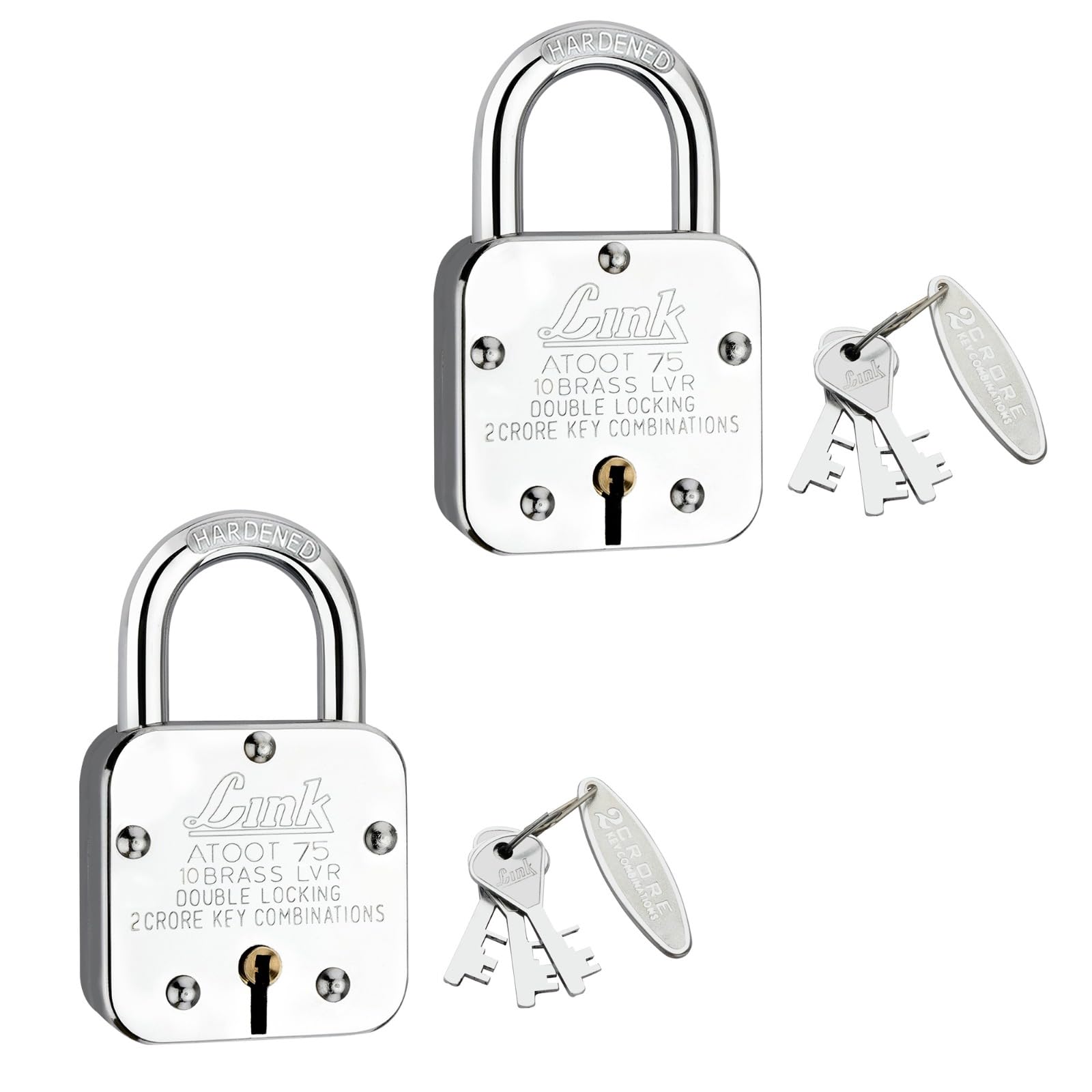 Link® Atoot 75mm Lock | 2 Crore Key Combinations | Stainless Steel Body | Hardened Shackle | 10 Brass Lever | Made in India | Each Padlock with 3 Silver Key and Free Key Keychain (Pack of 2) (B0CG69GKC7) Amazon Price History, Amazon Price Tracker