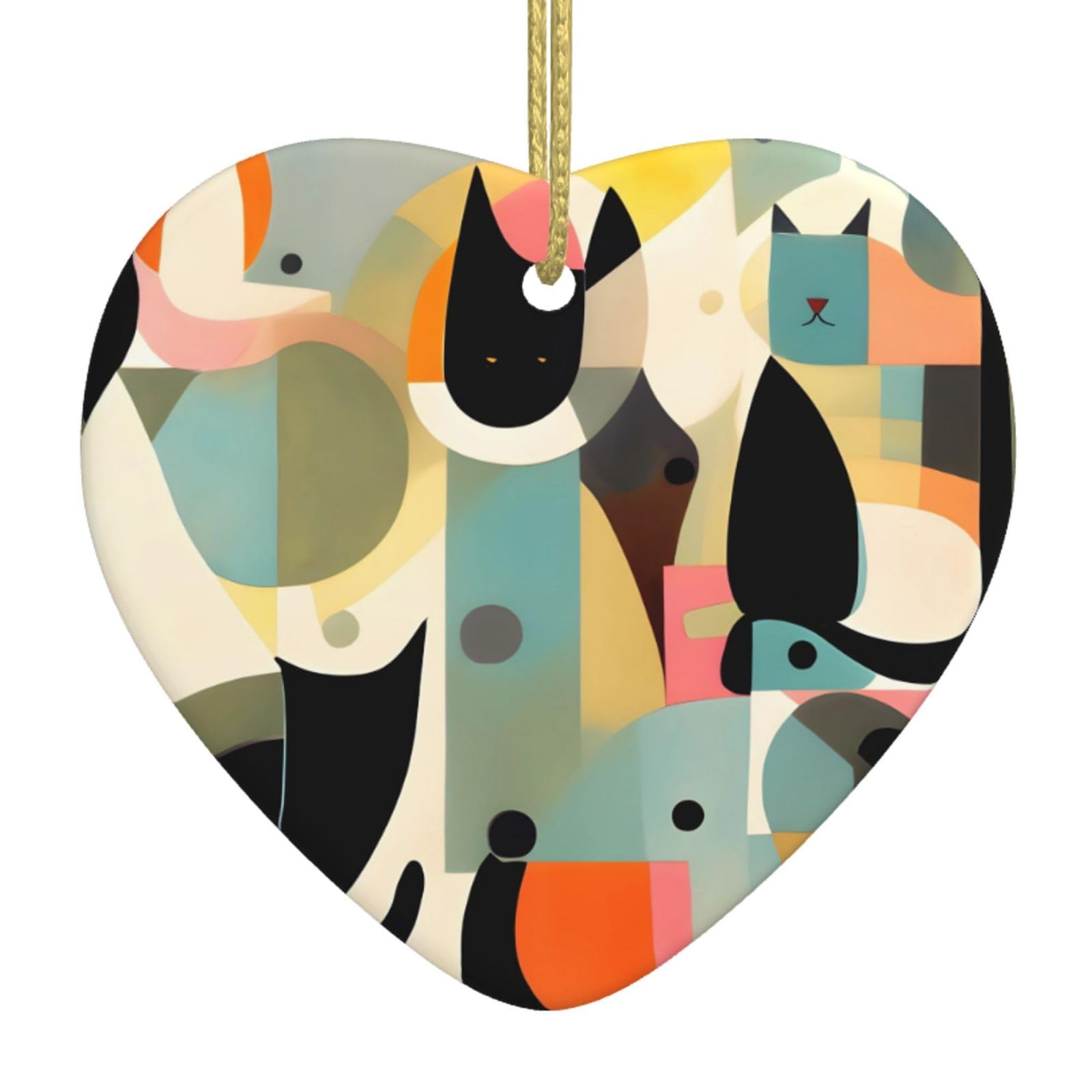 Mid-Century Modern Art Cat Ceramic Christmas Heart Pendant with Silk Thread, Christmas Tree Home Decoration