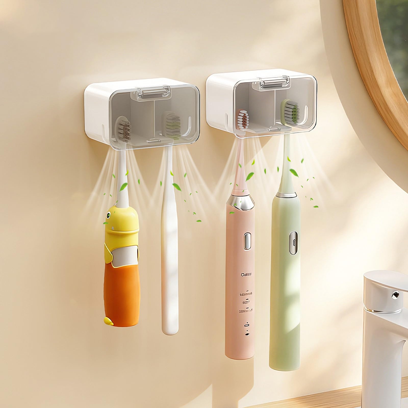 2 Slots Toothbrush Holder Wall Mounted with Cover-Breathable