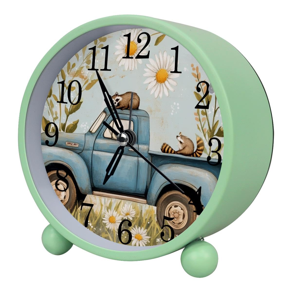 Luoweisi Alarm Clock Farmhouse Truck Raccoons Daisy, Silent Non-Ticking with Night Light, Round Metal Alarm Clock for Office, Battery Operated, Bedroom, Elderly, Adults, Children, Student Gifts