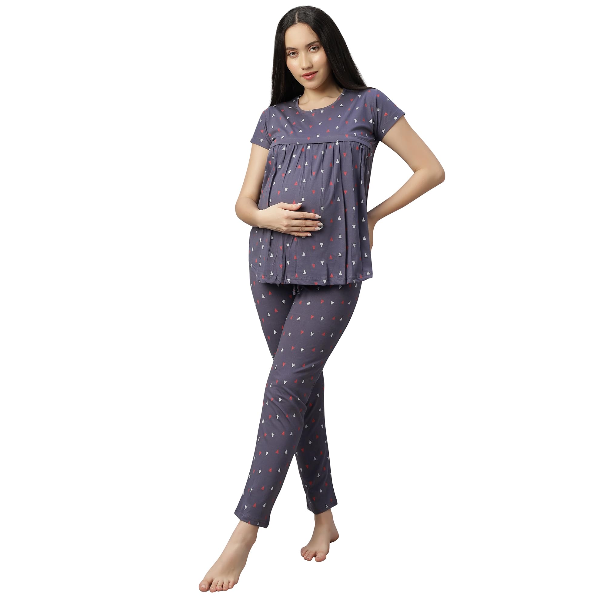 dzzo Women's Cotton Printed Maternity Night Suit | Comfortable Feeding Night Dress | Soft & Breathable Nursing Pajama Set-picture-3