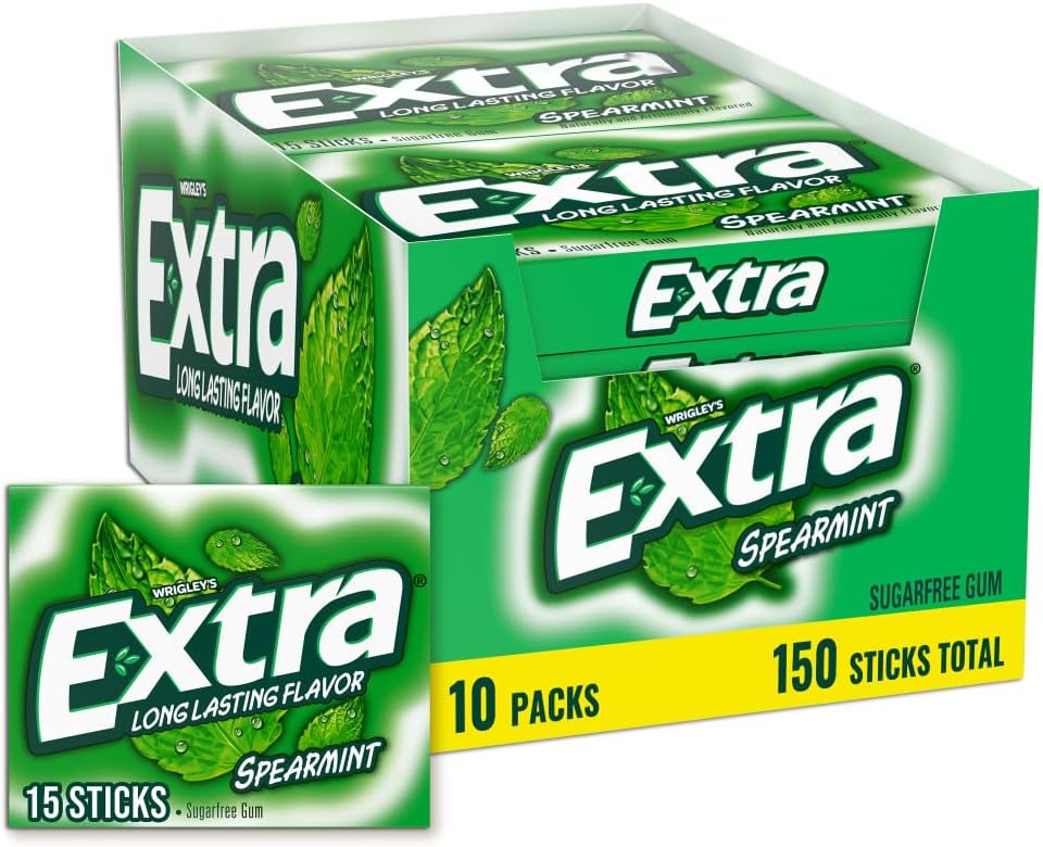 Extra Gum Spearmint Sugarfree Gum Bulk, Individually Wrapped, Perfect for Long Lasting Fresh Breath at School, Work & Travel 15 Count, Pack of 10