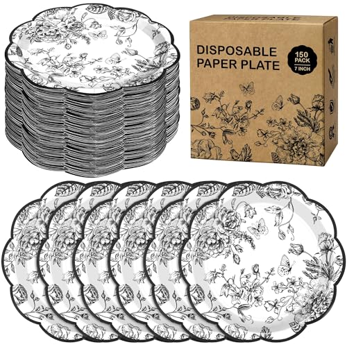Kochorie 150 Pcs Black Floral Paper Plates 7 Inch Disposable Bulk Plate