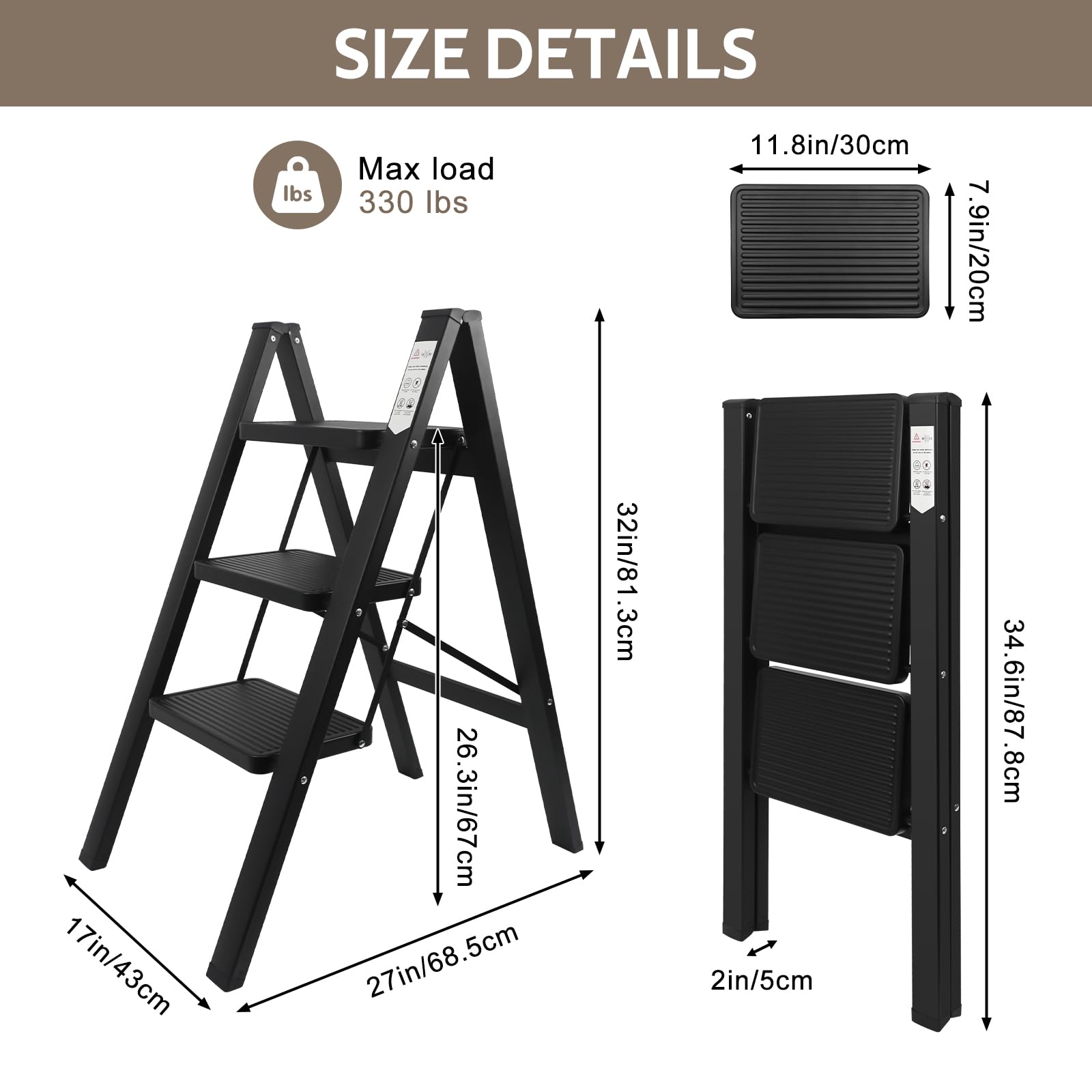 Escabeau 3 Marches Pliable Noir | Antidérapant, Max 150kg, Robuste, Intérieur Extérieur