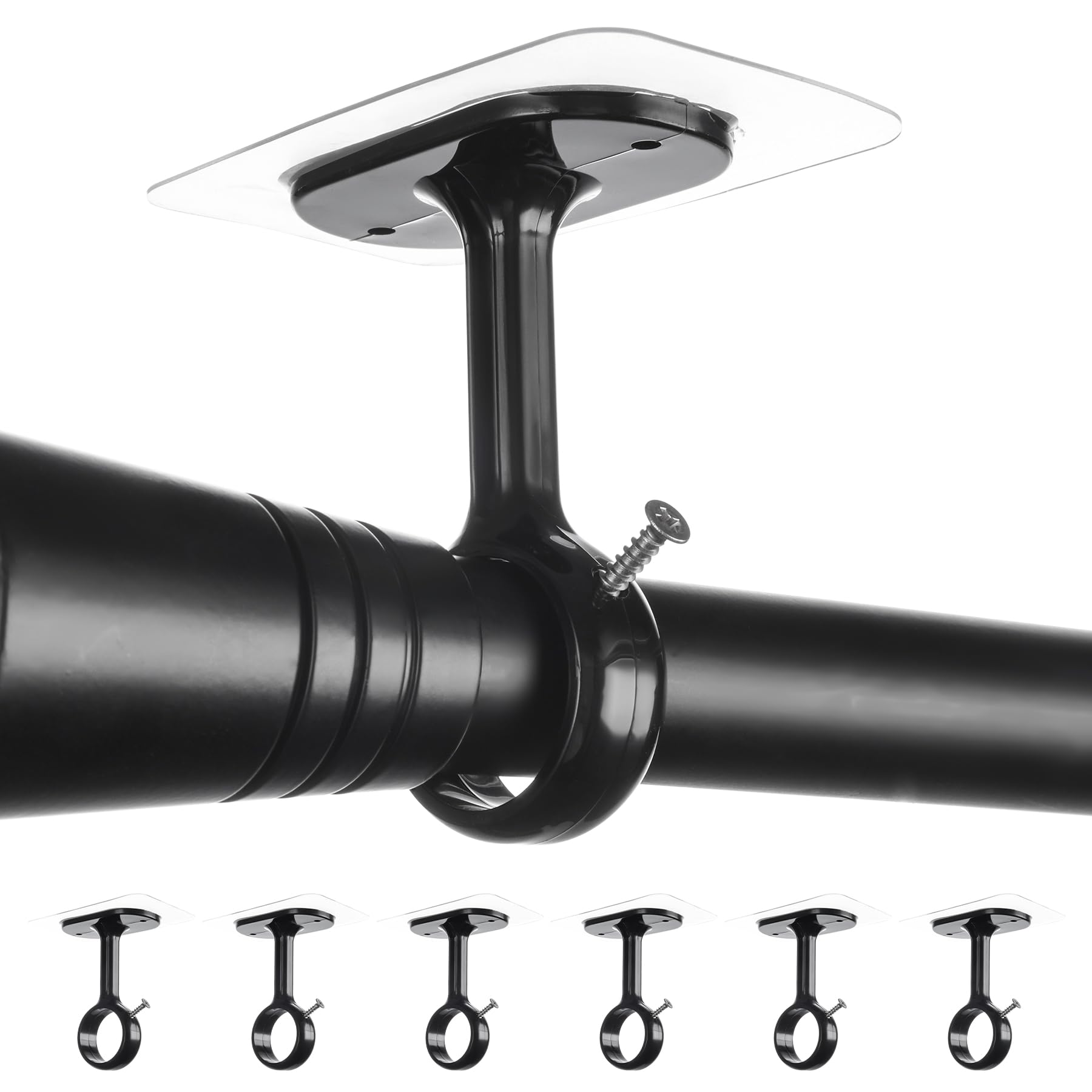 6-Pack No Drill Ceiling Curtain Rod Brackets Holder, Adhesive No Screw No Damage Rods Hooks Holder, No Drilling Stick Heavy Duty Black Curtain Hangers