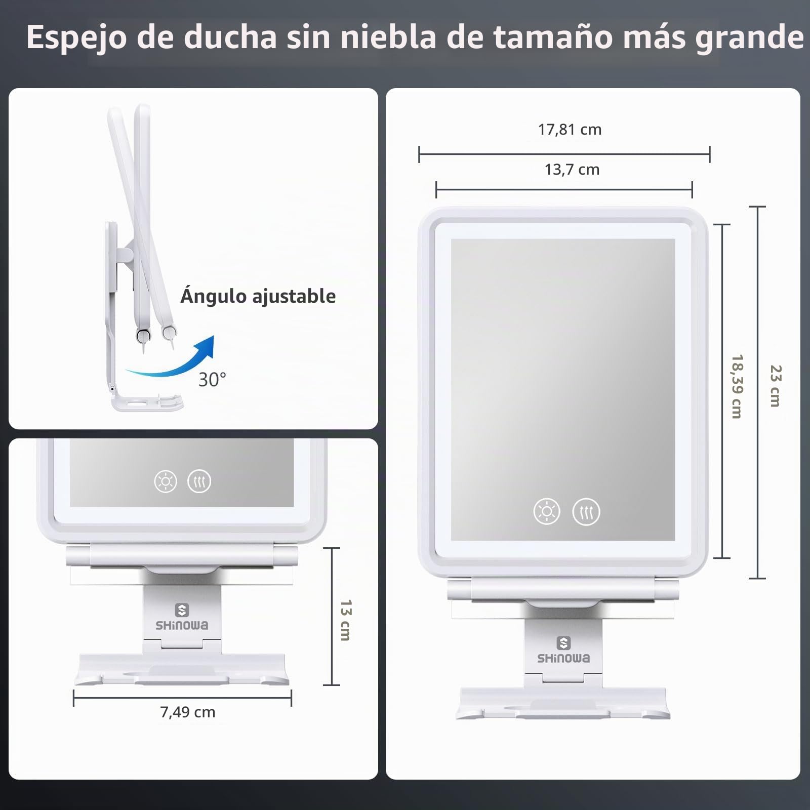 Espejo de Ducha Antivaho Calefactable，Espejo de Afeitar con Luz para Baño | 3 Colores de Luces Regulables, Espejo de Afeitado Recargable sin Niebla con Soporte para Maquinilla para Hombres