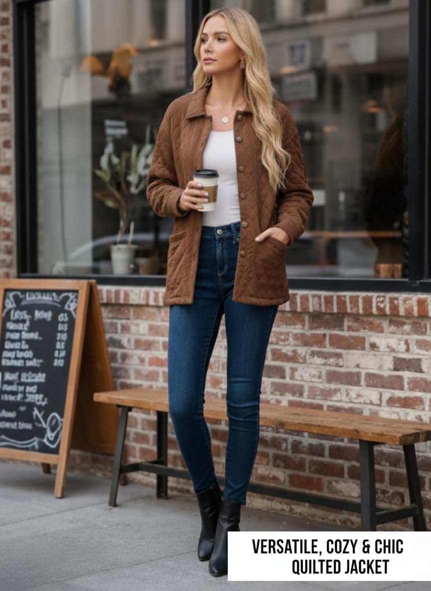 Dokotoo Casual Quilted Jackets for Women Button Down Collared Long Sleeve Coats with Pockets - Image 5