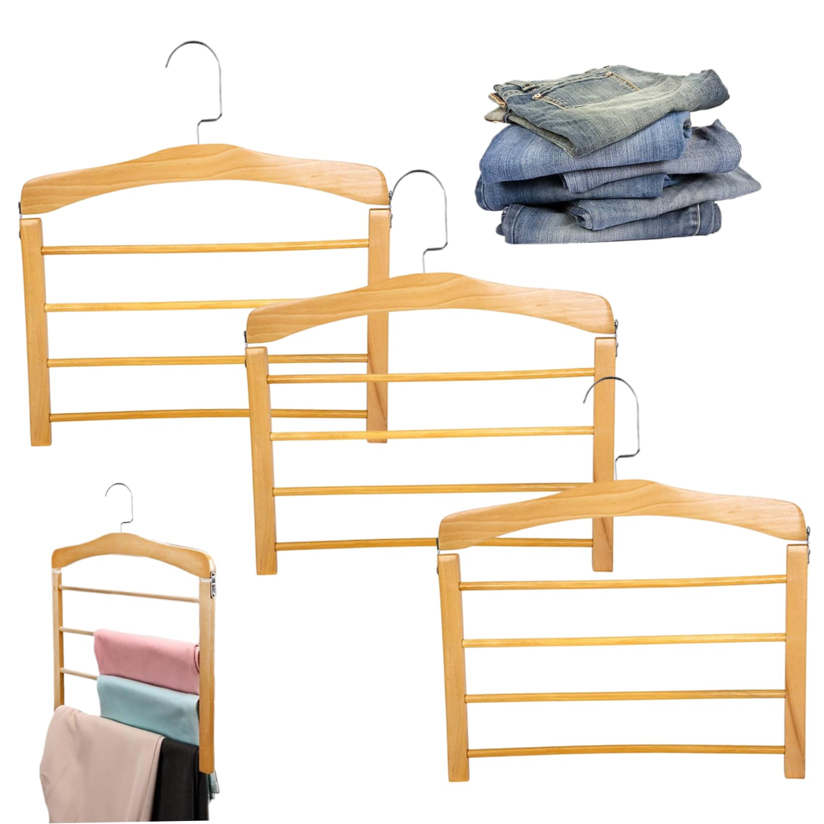3 perchas de madera para pantalones con 4 niveles y ganchos giratorios, antideslizante, ahorra espacio, para pantalones, pantalones y bufandas, alta capacidad de carga